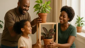 Família montando cantinho verde para restaurar equilíbrio emocional em casa