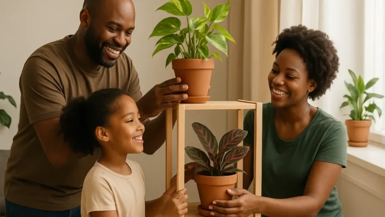 Família montando cantinho verde para restaurar equilíbrio emocional em casa
