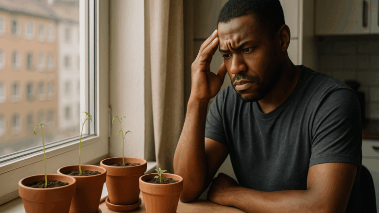 Homem observando mini horta sem crescimento em apartamento com luz natural