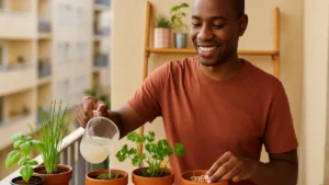 Homem negro regando mini horta com água de arroz em varanda ensolarada.
