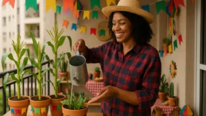 Mulher regando milho em vaso decorado para festa junina em varanda com bandeirinhas