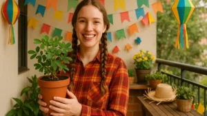 Mulher segurando vaso com pé de amendoim em ambiente junino decorado