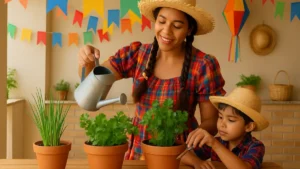 Mulher cuidando de vasos com temperos caipiras em varanda decorada para festa junina