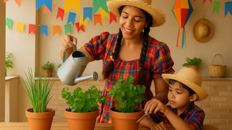 Mulher cuidando de vasos com temperos caipiras em varanda decorada para festa junina