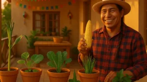 Hortaliças típicas das festas juninas plantadas em vasos com clima de arraiá