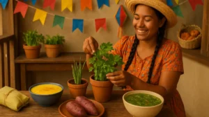 Mesa junina com pratos feitos com plantas frescas colhidas da mini horta