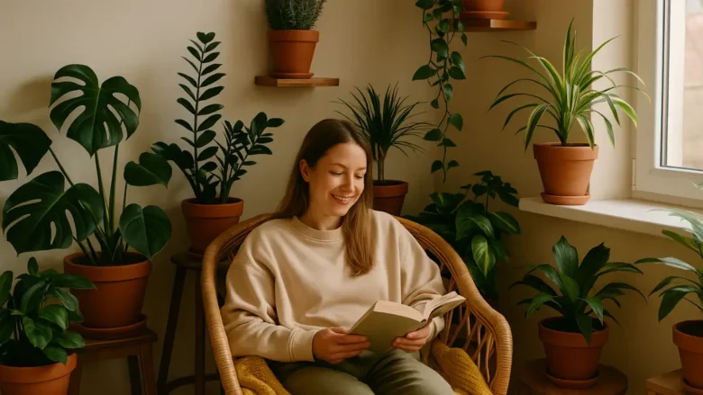 Mulher sentada em uma cadeira confortavel com um livro na mão relaxando e feliz e de fundo imagens de plantas. Curtindo um momento em sua casa.
