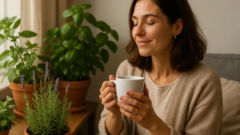 Mulher relaxando entre plantas para ansiedade em ambiente acolhedor com chá calmante
